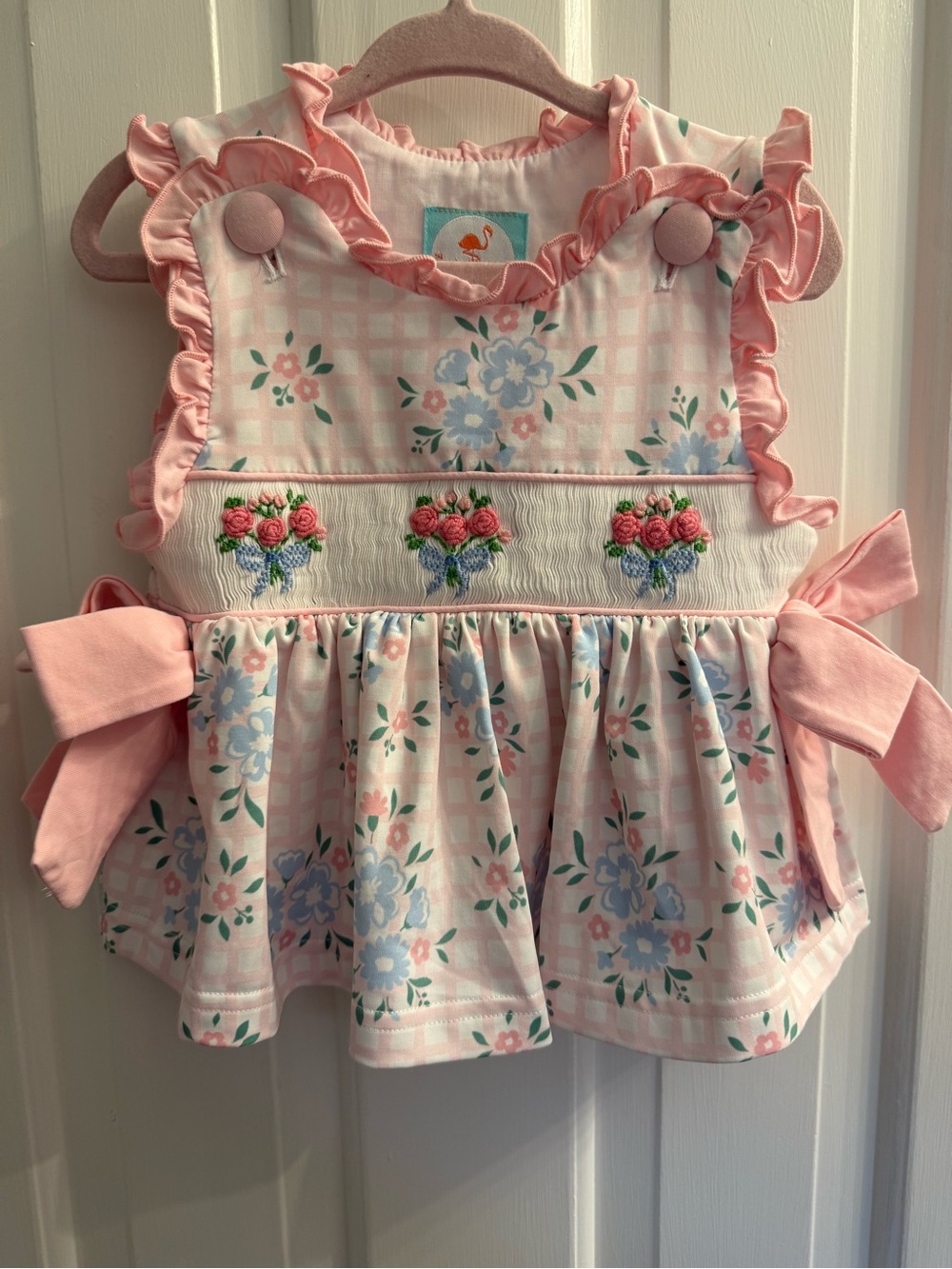 Smocked Flamingo Baby Girl Floral Smocked Top & Bloomer Set 12M Pink Blue